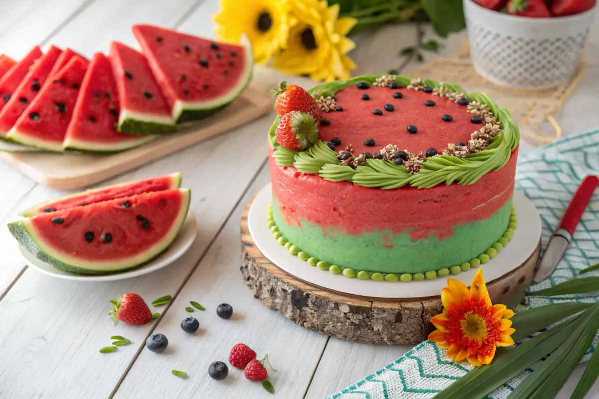 Watermelon cake with summer-themed decorations on a wooden table.