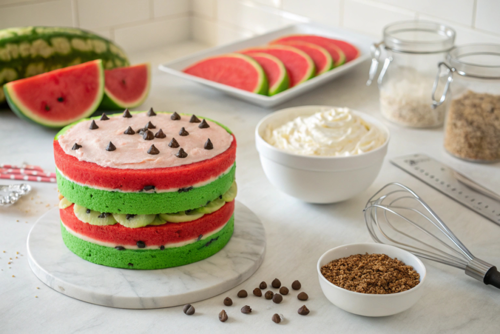 Step-by-step process of preparing a watermelon cake with baking tools