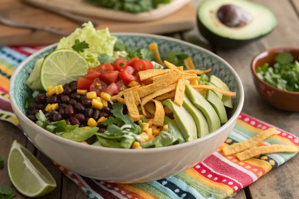 Vegetarian taco salad with beans, veggies, and cilantro lime dressing