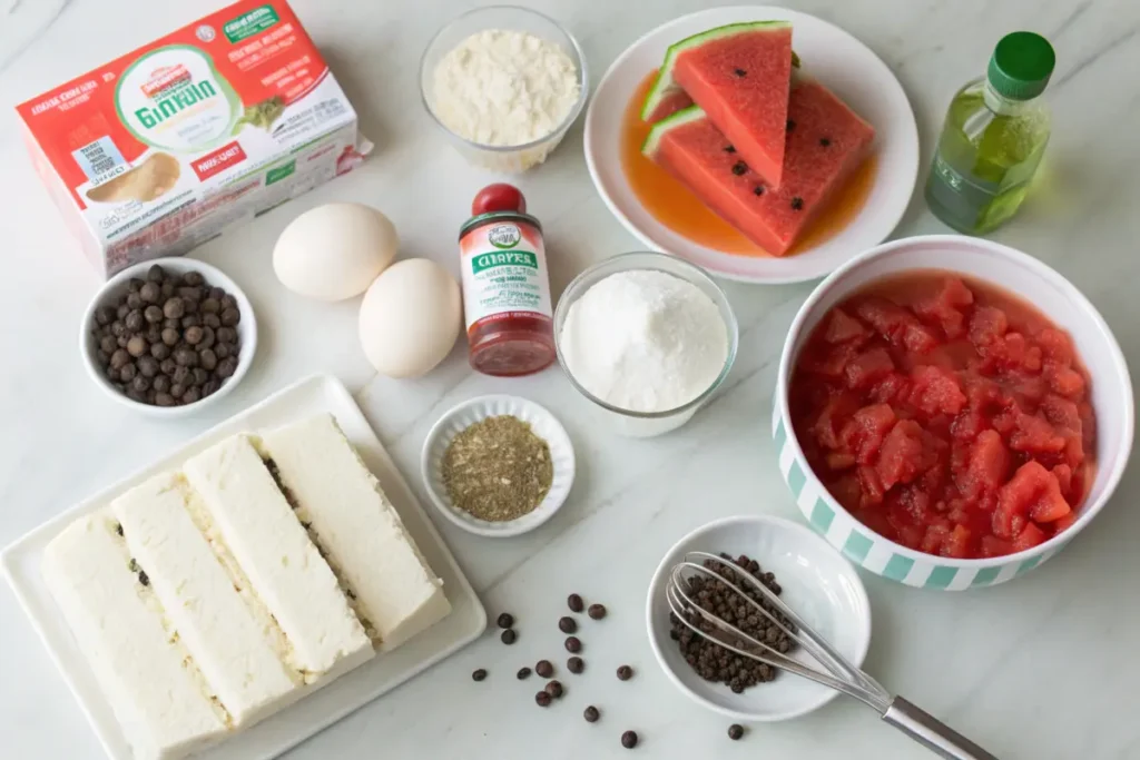 Flat-lay of ingredients for making a watermelon cake on a bright kitchen countertop.