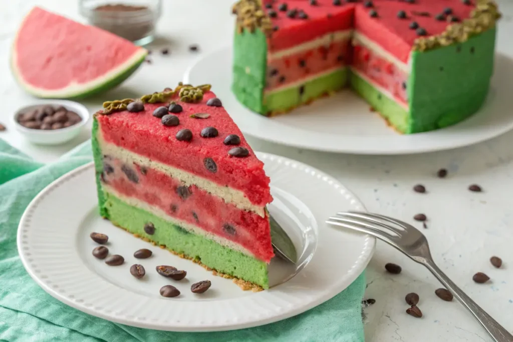 Close-up of a slice of watermelon cake on a white plate with a fork.