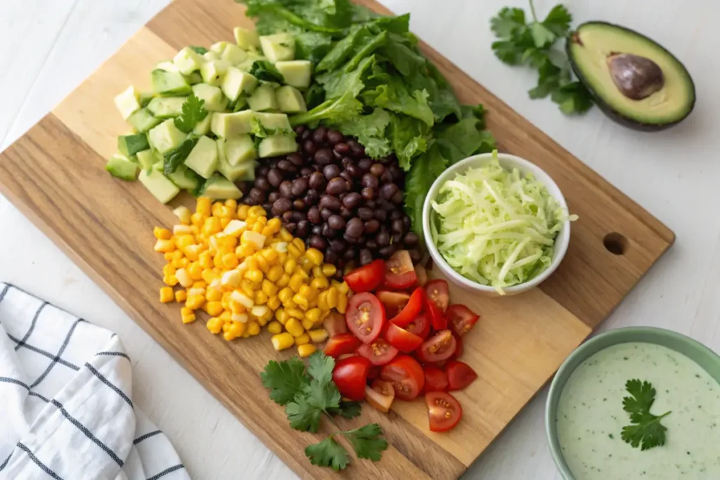 Ingredients for vegetarian taco salad on a cutting board