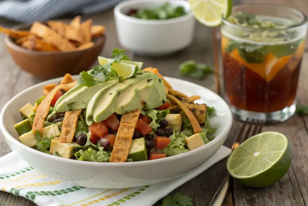 Plated vegetarian taco salad with toppings and lime wedge