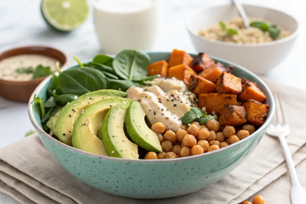 Colorful and filling meat-free salad with chickpeas, quinoa, and avocado.