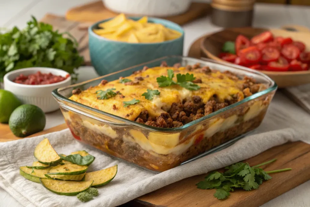 Baked taco potato casserole with layers of cheese and beef.