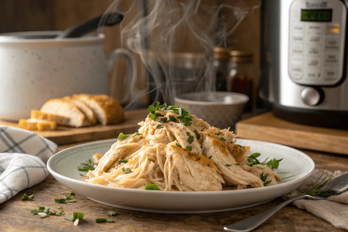 Juicy shredded Instant Pot chicken with steam