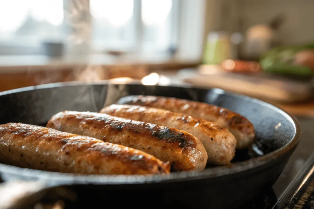 Crispy breakfast sausage links sizzling in a cast-iron skillet.