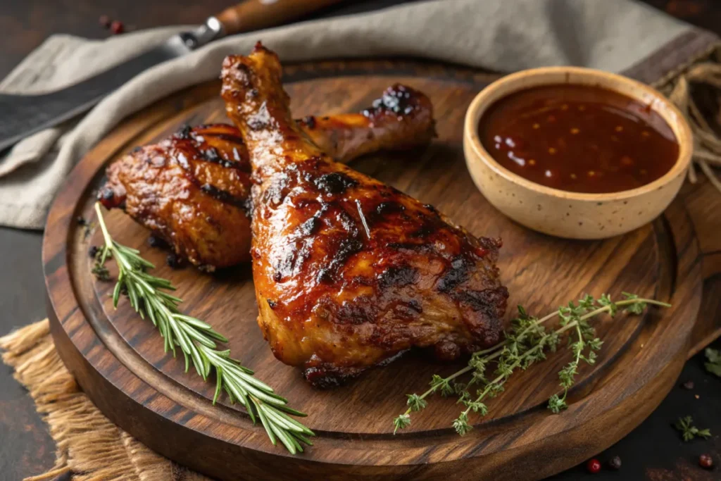 BBQ chicken glazed with natural sweeteners on a rustic platter