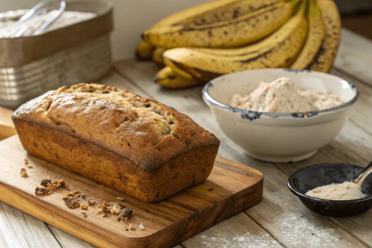 Fresh banana bread loaf with overripe bananas on a wooden cutting board