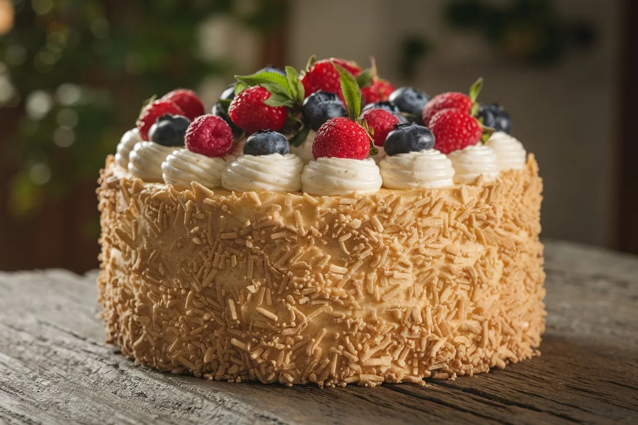 Mary Jane cake with mascarpone frosting and fresh berries on a rustic table