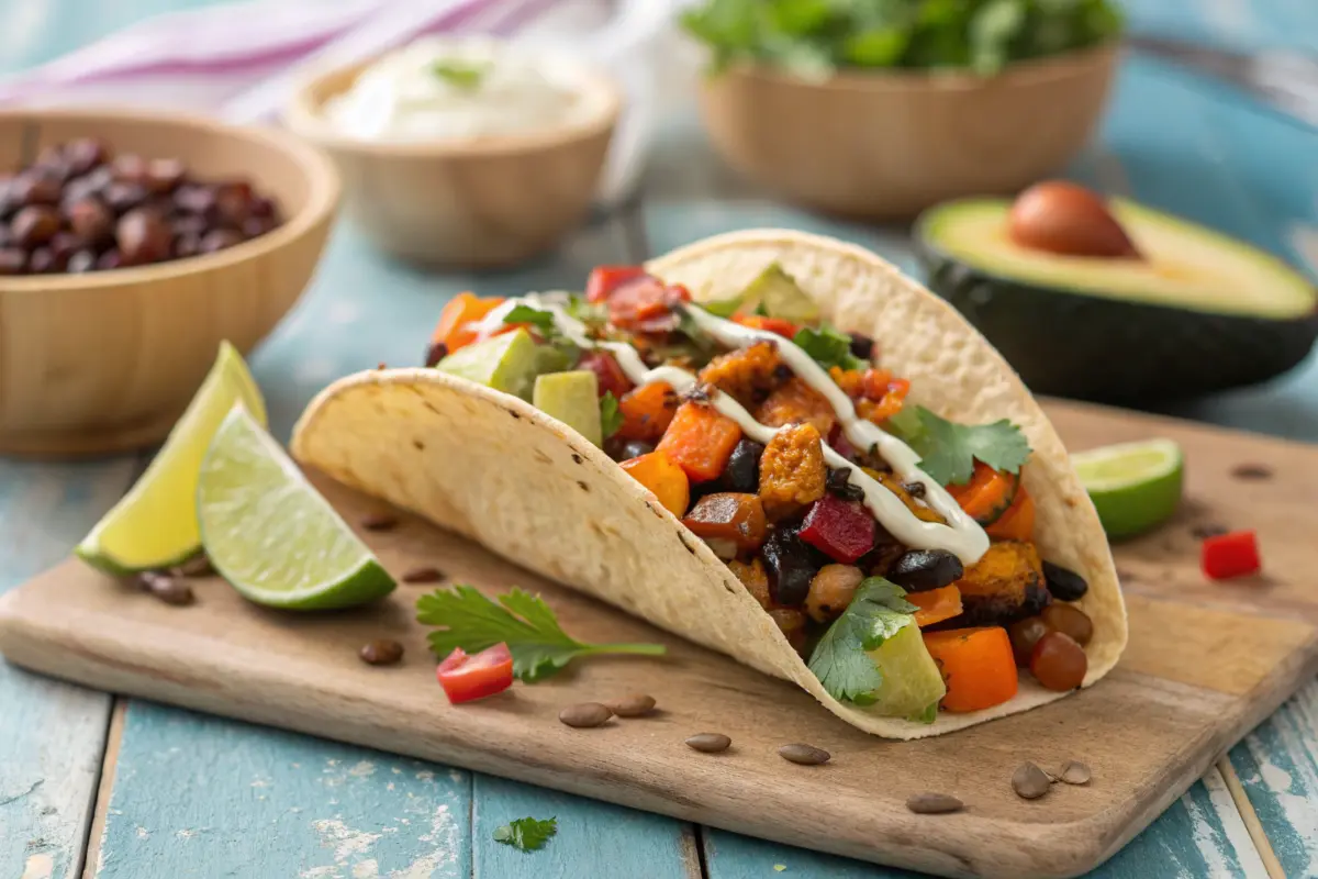 A colorful vegetarian taco with fresh ingredients on a rustic table