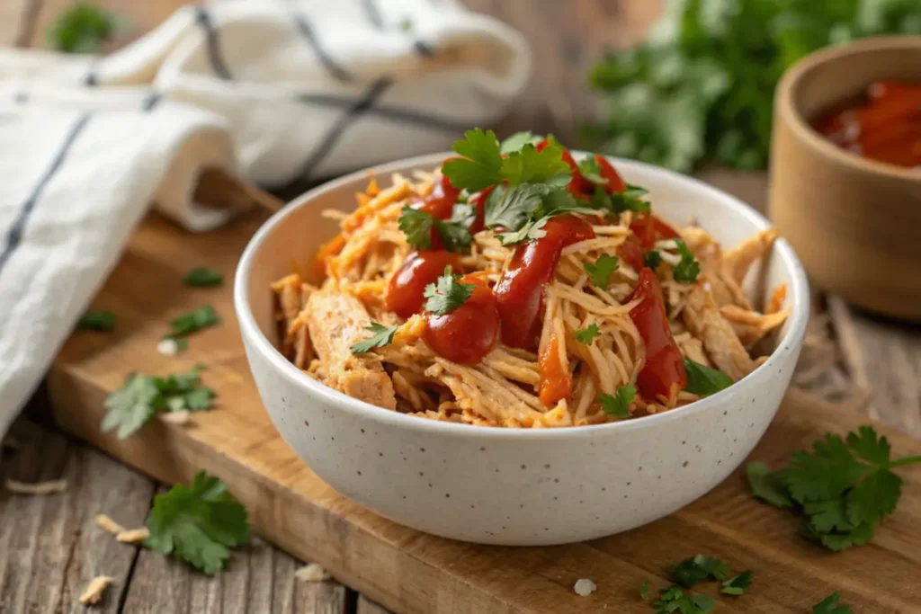 Bowl of shredded Instant Pot buffalo chicken garnished with parsley