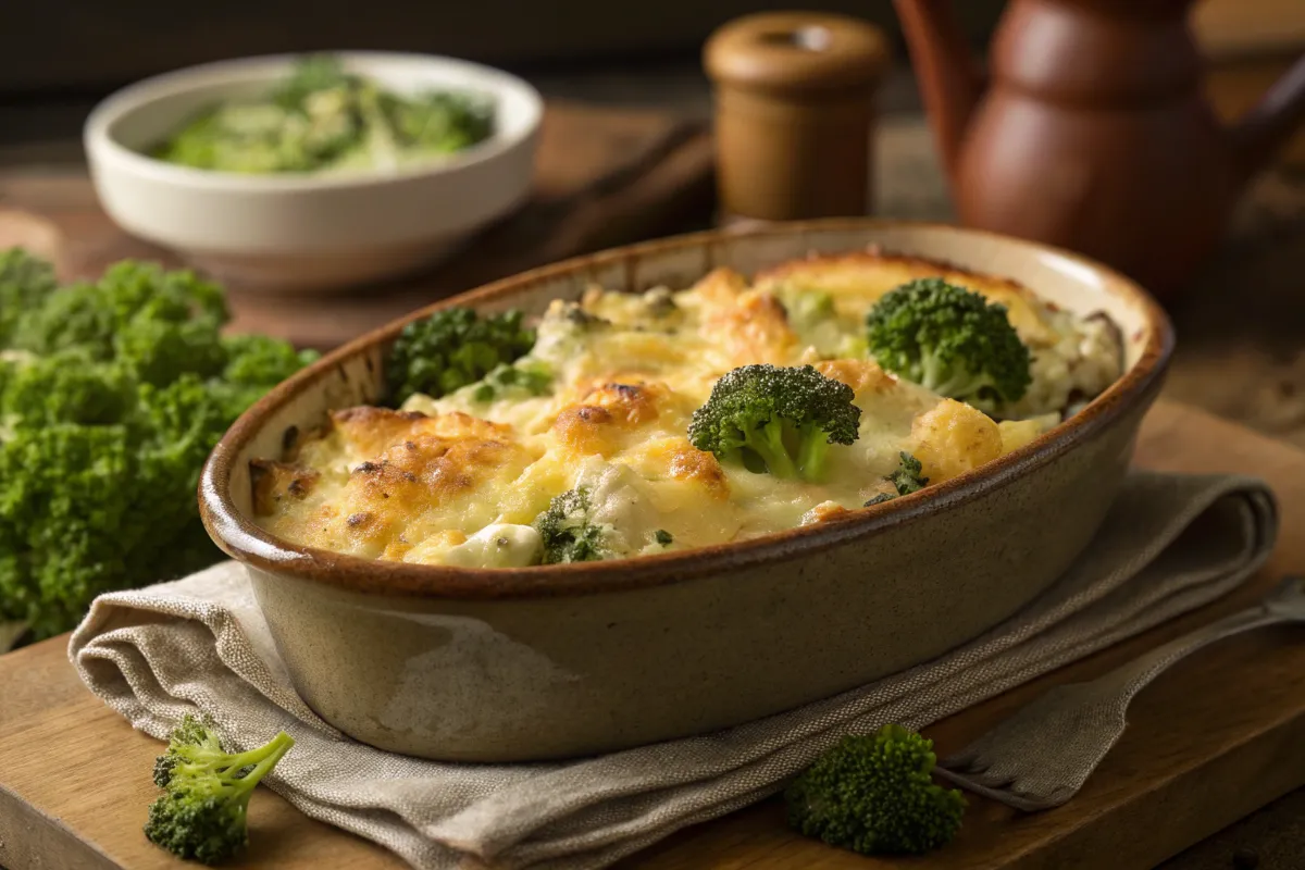 Golden-brown broccoli potato casserole served in a ceramic dish.