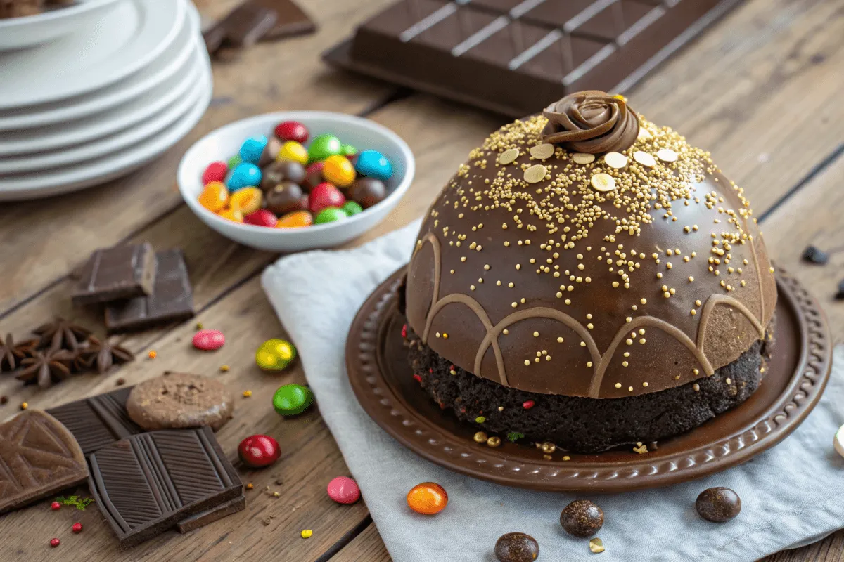 Smash cake designs chocolate with a glossy dome and edible gold glitter.