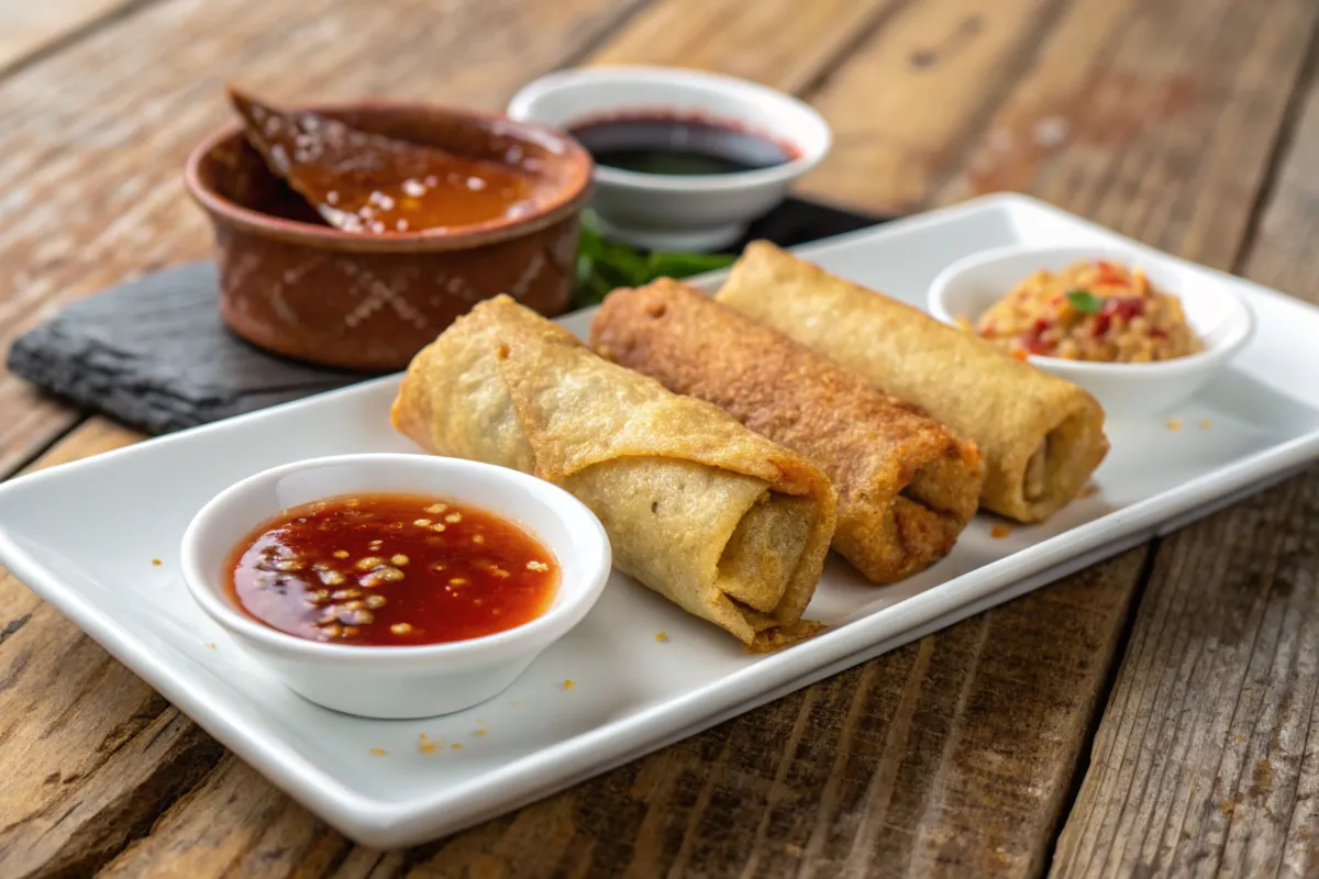 Crispy egg rolls served with dipping sauces