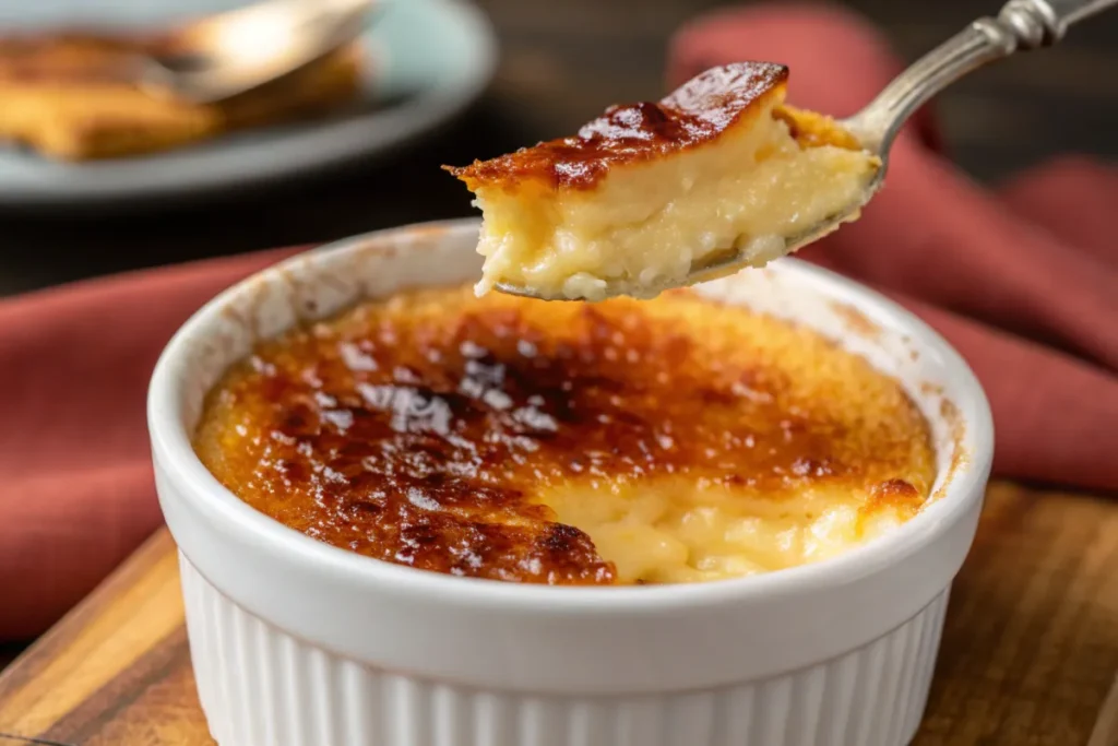 A close-up of crème brûlée with caramelized sugar topping.