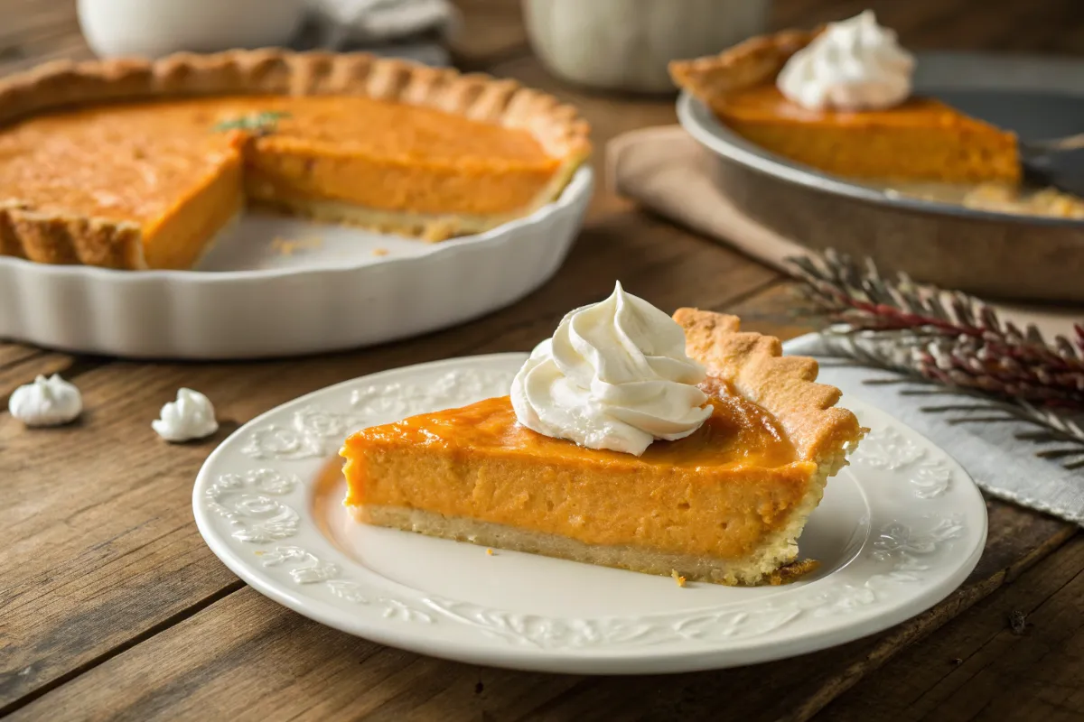 Beautifully baked sweet potato pie with flaky crust and whipped cream.