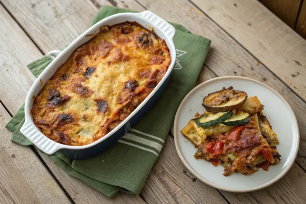 Gratin and casserole dishes side by side on a wooden table.