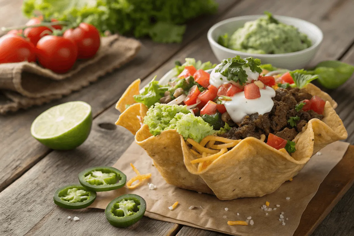 Crispy tortilla bowl taco salad filled with fresh ingredients.