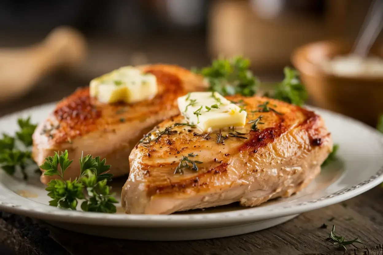 Juicy golden-brown chicken breasts on a plate