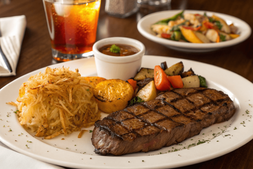 Golden hash browns served with grilled steak and vegetables.