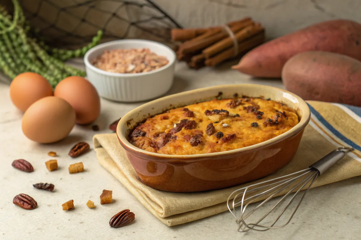 Sweet potato casserole with eggs and golden topping