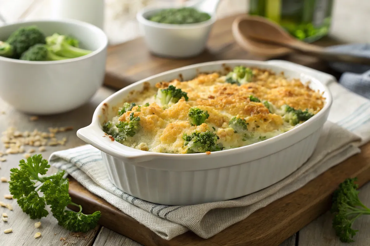 Golden broccoli casserole in a white dish