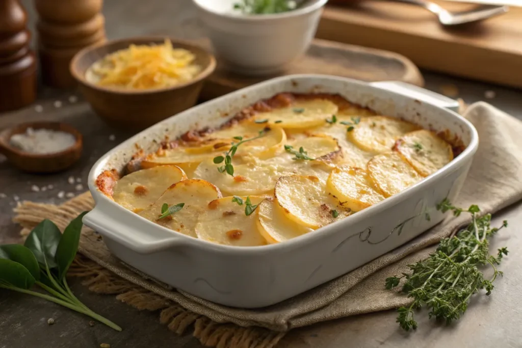 Golden and cheesy quick potato bake in a casserole dish with fresh herbs.