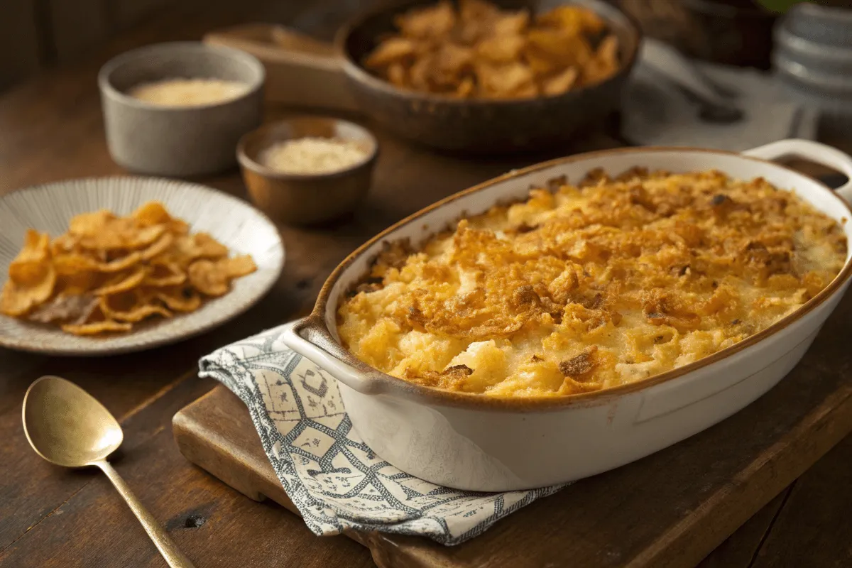 A casserole dish of cheesy potato bake illustrating why funeral potatoes are called that.