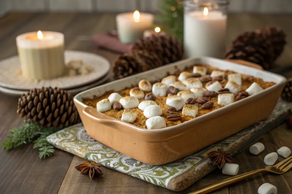 Old fashioned sweet potato casserole with marshmallows and pecans.