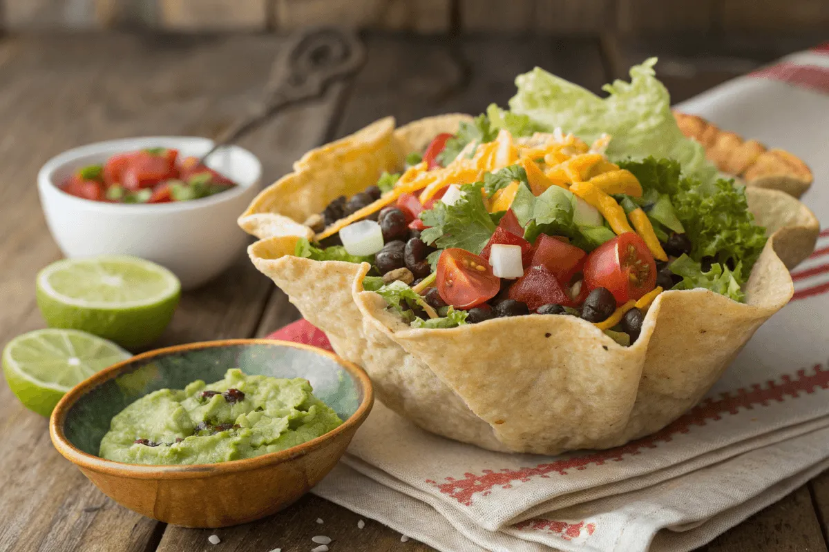 A delicious taco salad bowl filled with fresh toppings in a crispy tortilla shell.