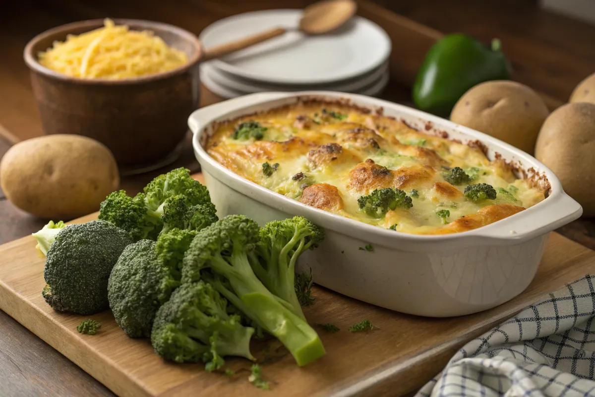 Golden potato and broccoli casserole in a baking dish