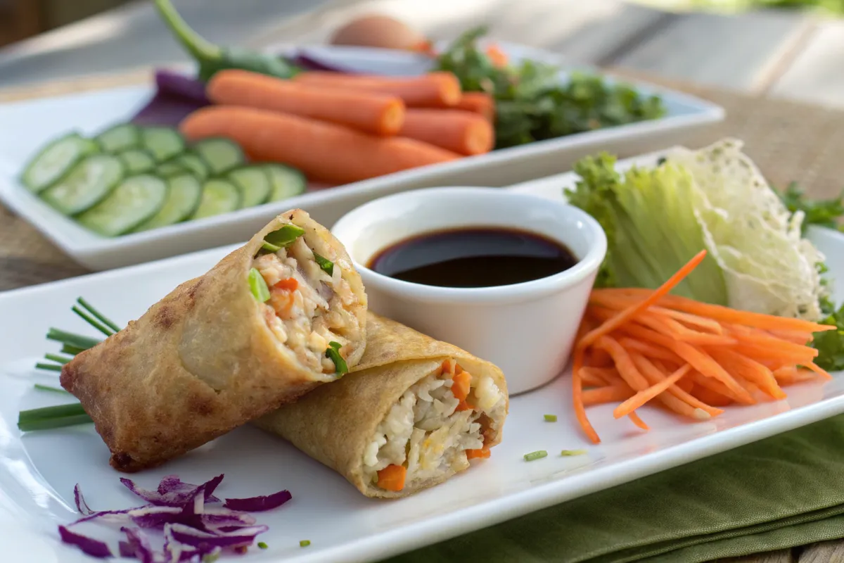 Chicken egg roll served with fresh vegetables and soy sauce