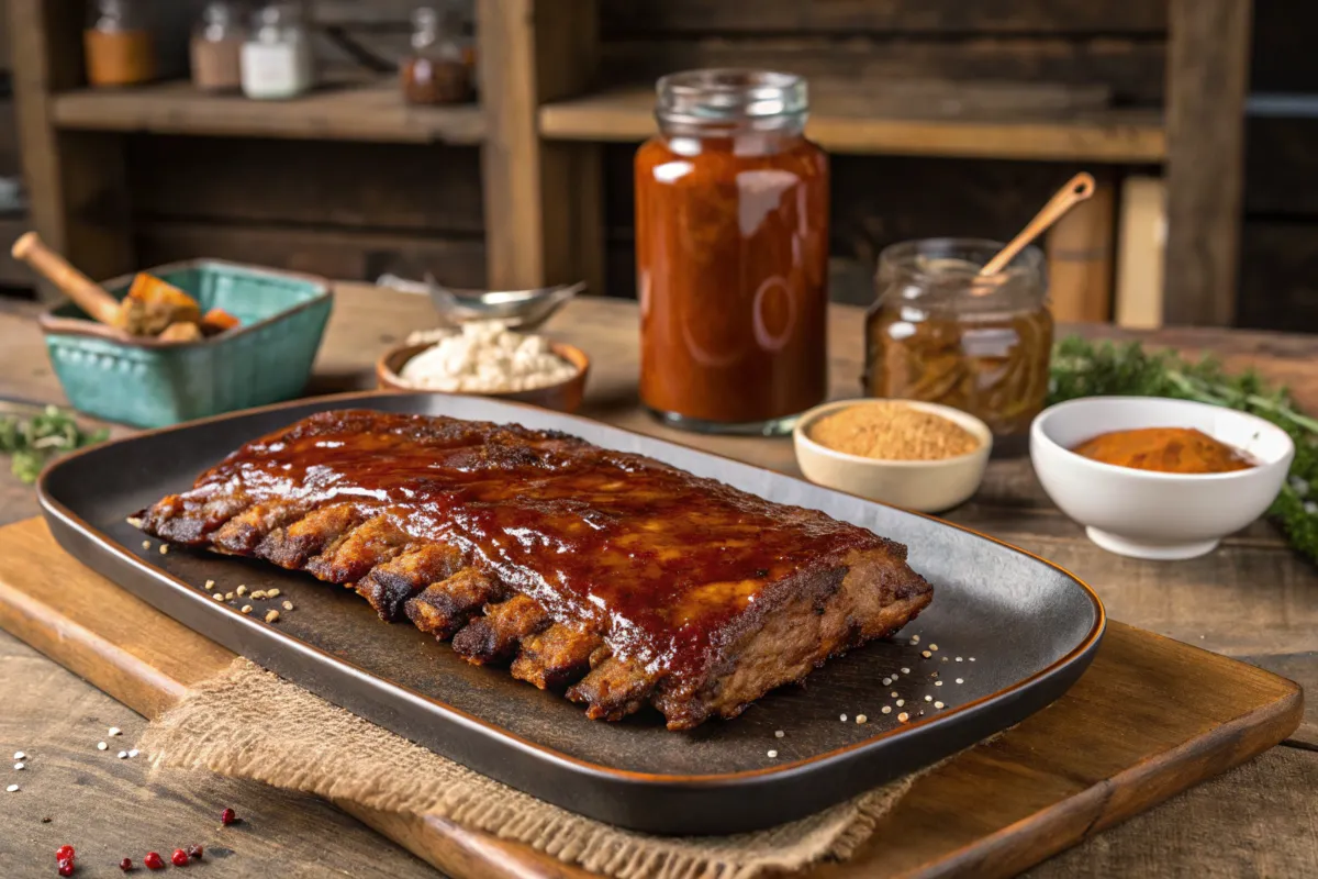 BBQ ribs with caramelized glaze and brown sugar ingredients