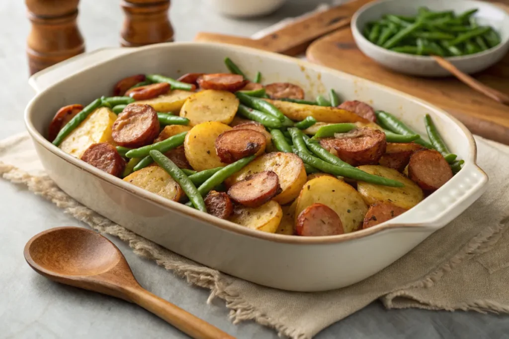 Sausage green bean potato casserole in a rustic dish