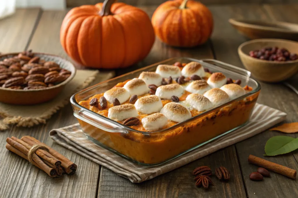 Sweet potato casserole topped with marshmallows and pecans on a rustic table.