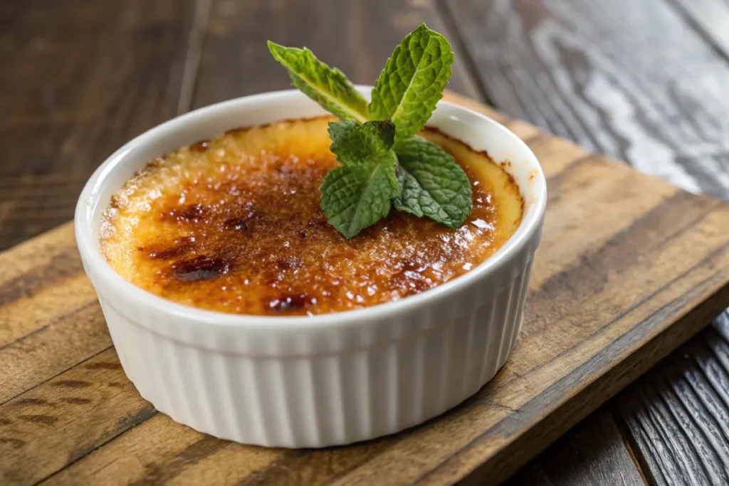 Caramelized crème brûlée in a white ramekin with a sprig of mint