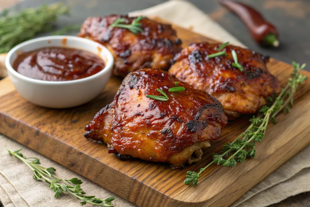 Baked barbecue chicken thighs with caramelized glaze and herbs