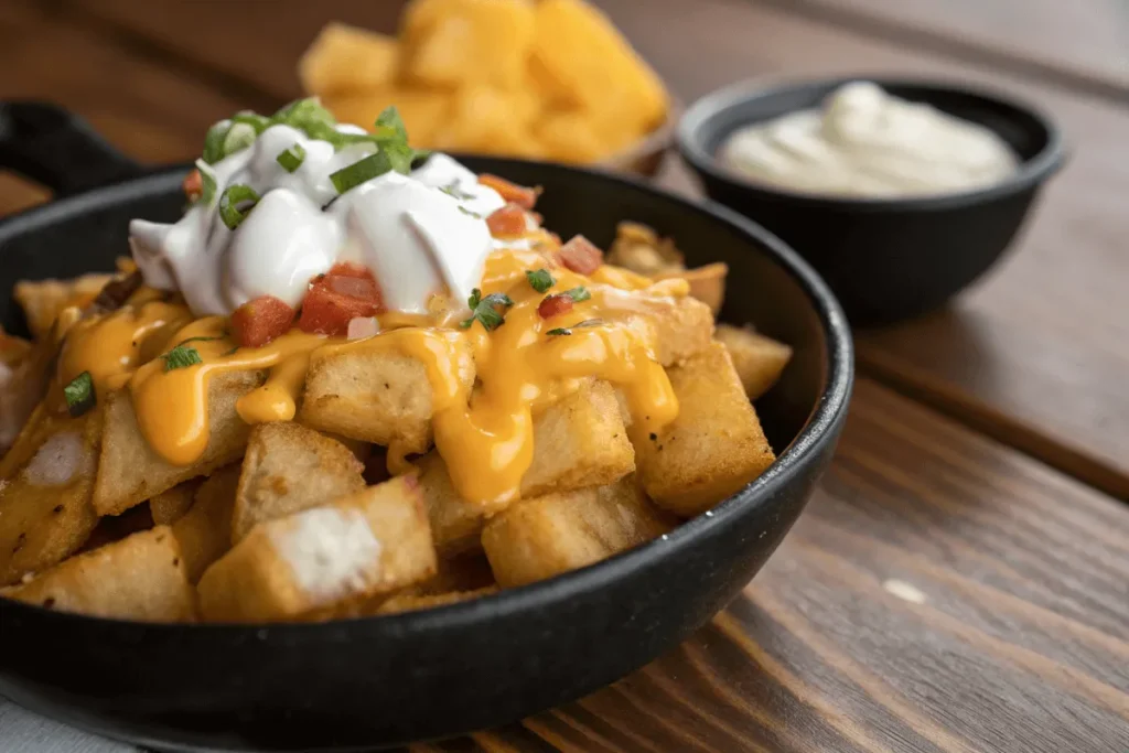 Crispy Cheesy Fiesta Potatoes topped with nacho cheese and sour cream.