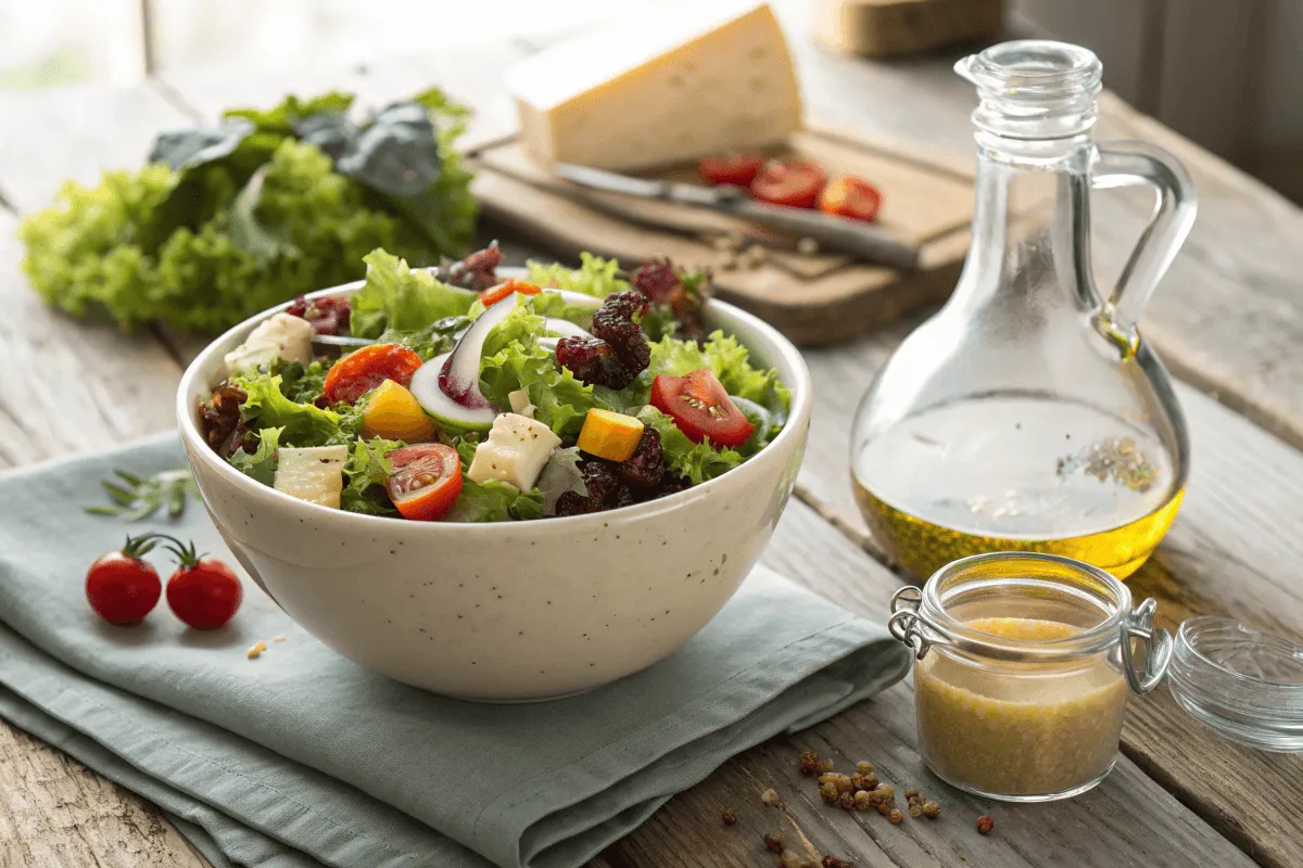 Fresh salad with original Caesar dressing and olive oil.