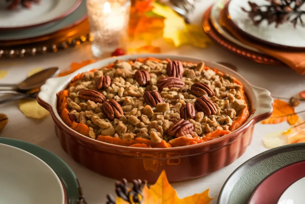 A festive Paula Deen sweet potato casserole with a golden pecan topping.