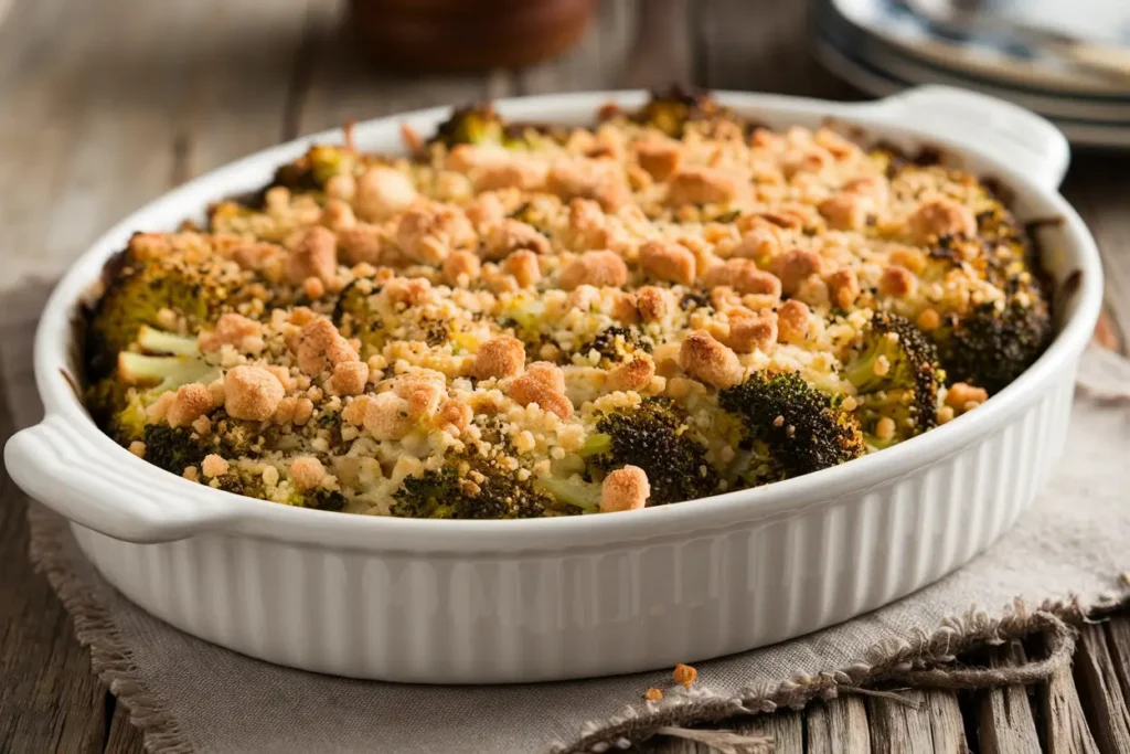 Fully baked Paula Deen’s broccoli casserole with golden breadcrumbs.