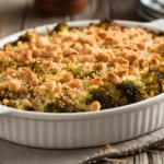 Fully baked Paula Deen’s broccoli casserole with golden breadcrumbs.