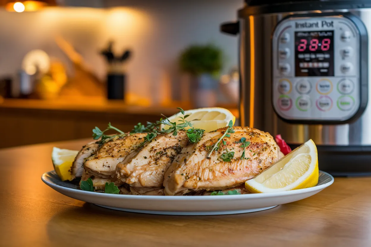 Instant Pot chicken breasts served on a plate with herbs and lemon slices