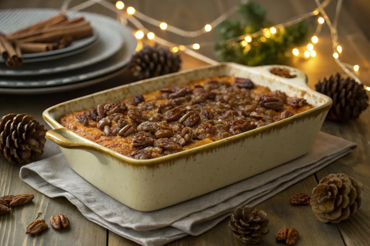 Aldi Sweet Potato Casserole with praline topping in a holiday setting