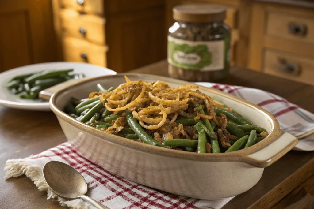 Green bean casserole topped with crispy onions, featuring fresh and canned green beans.