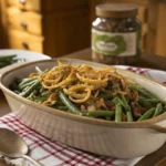 Green bean casserole topped with crispy onions, featuring fresh and canned green beans.