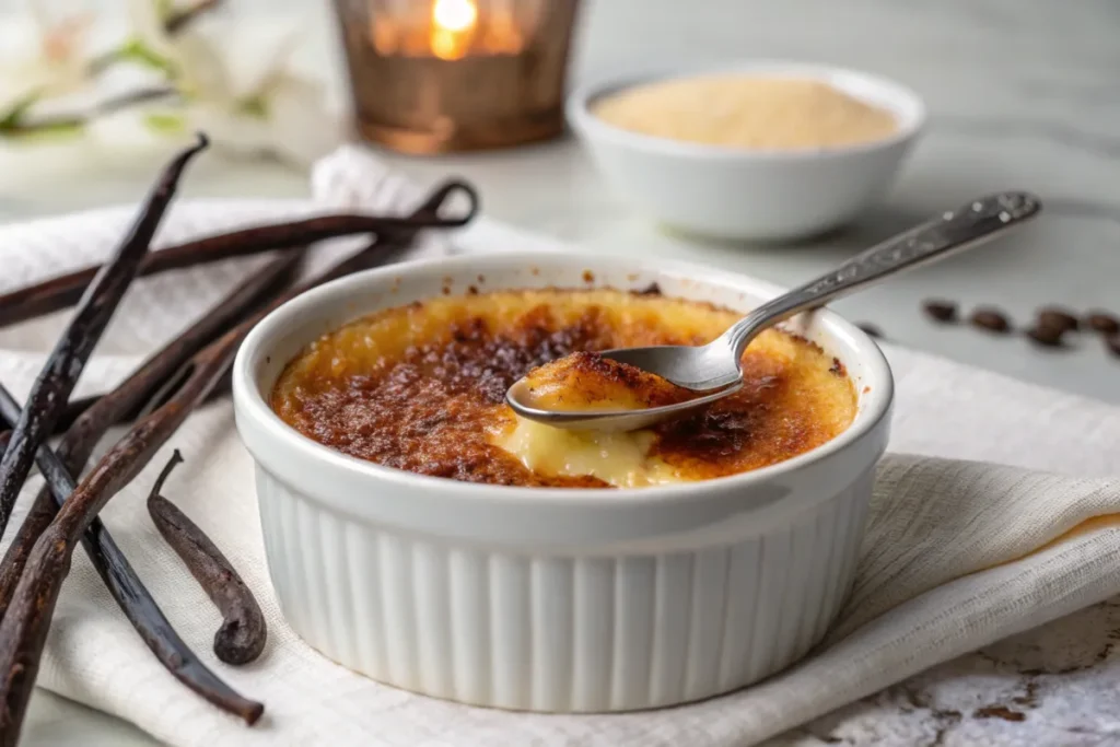 Crème brûlée with caramelized sugar crust and spoon breaking into it.