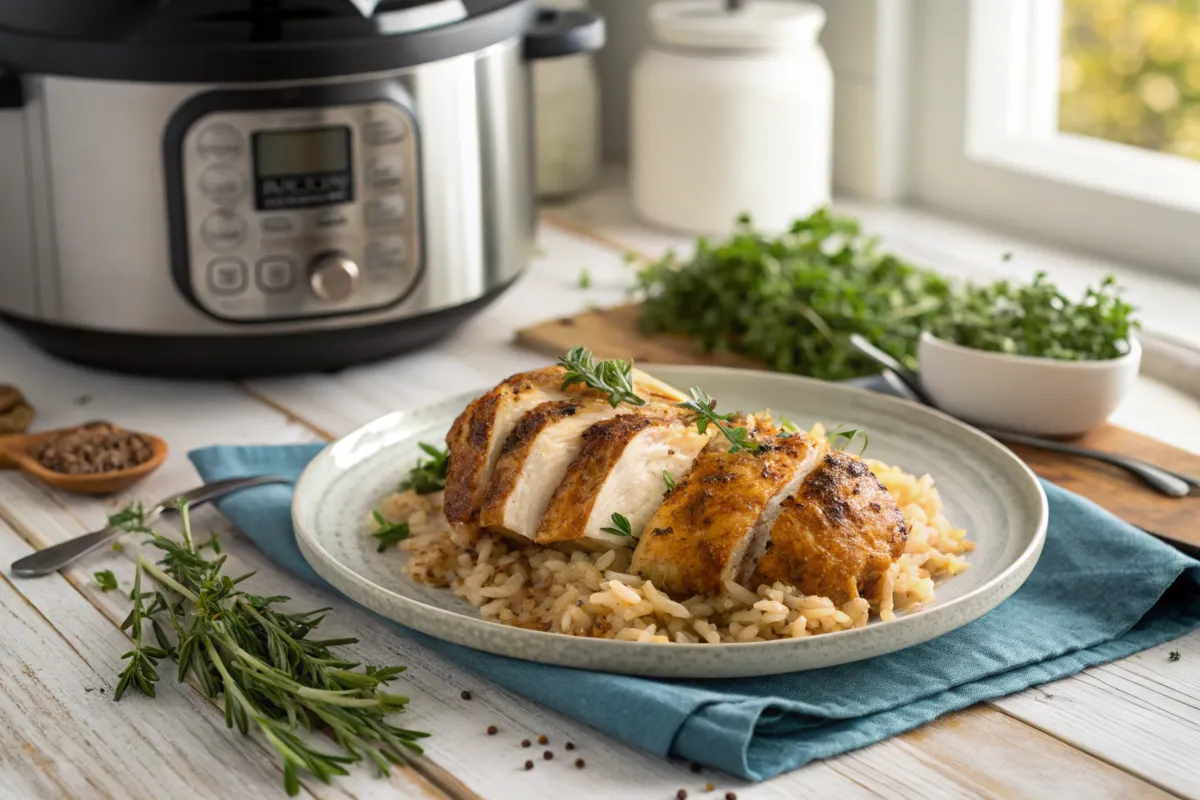 Juicy chicken cooked in an Instant Pot, garnished with fresh herbs.