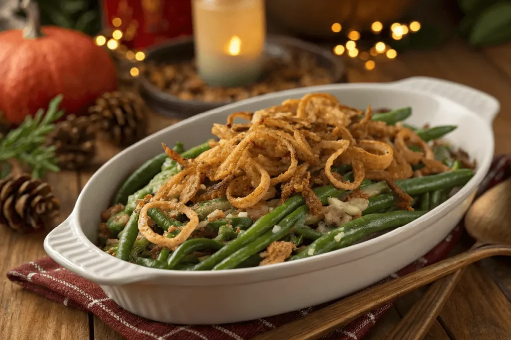 Green bean casserole topped with crispy onions and herbs.